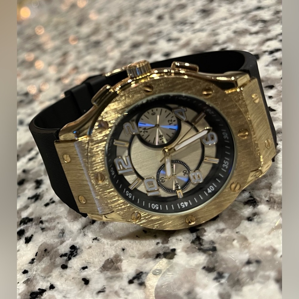 🆕 Mens Black Band Gold Plated Wrist Watch Stainless Steel Battery included